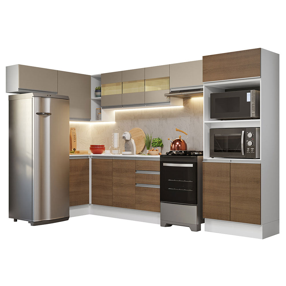 Combo completo de Cocina Esquinera Smart 100% MDF 447 cm 17 Puertas 2 Cajones (Con Mesada) Blanco/Marrón Madesa