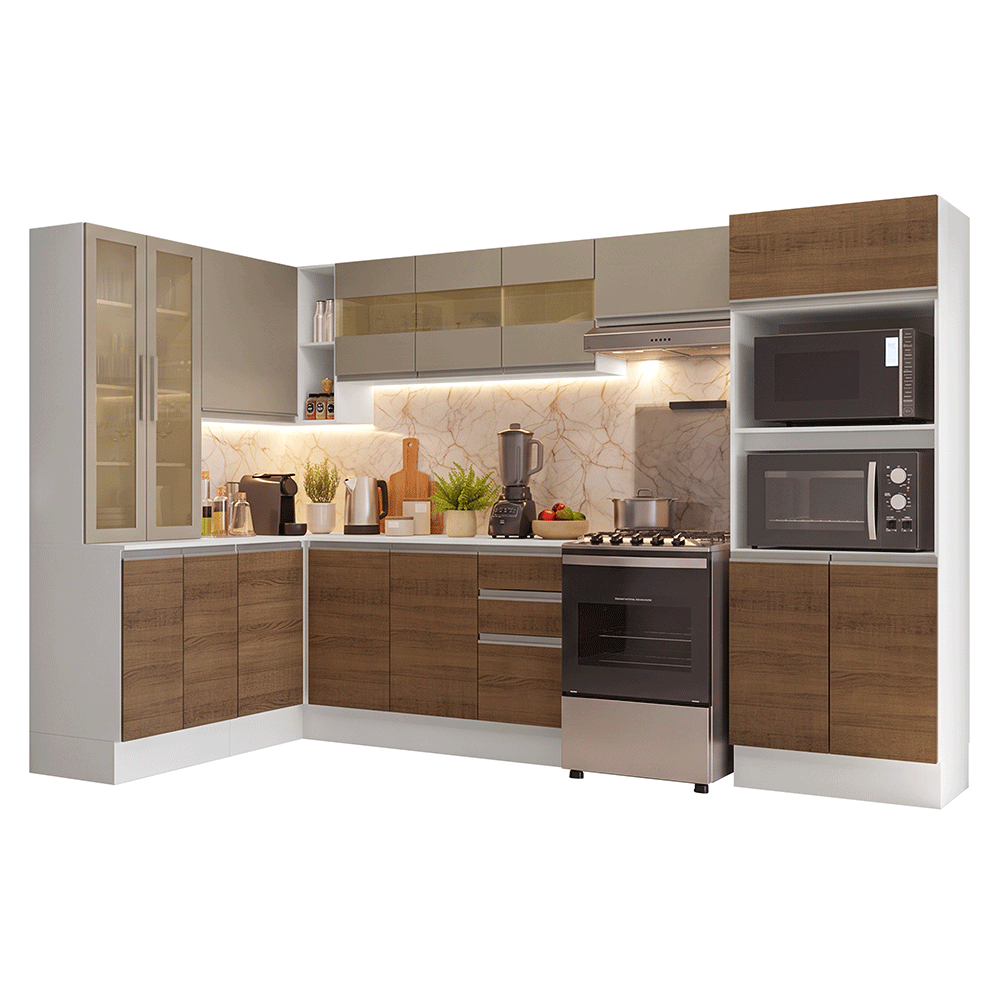 Combo completo de Cocina Esquinera 447 cm 100% MDF Blanco/Marrón/Crema Smart Madesa