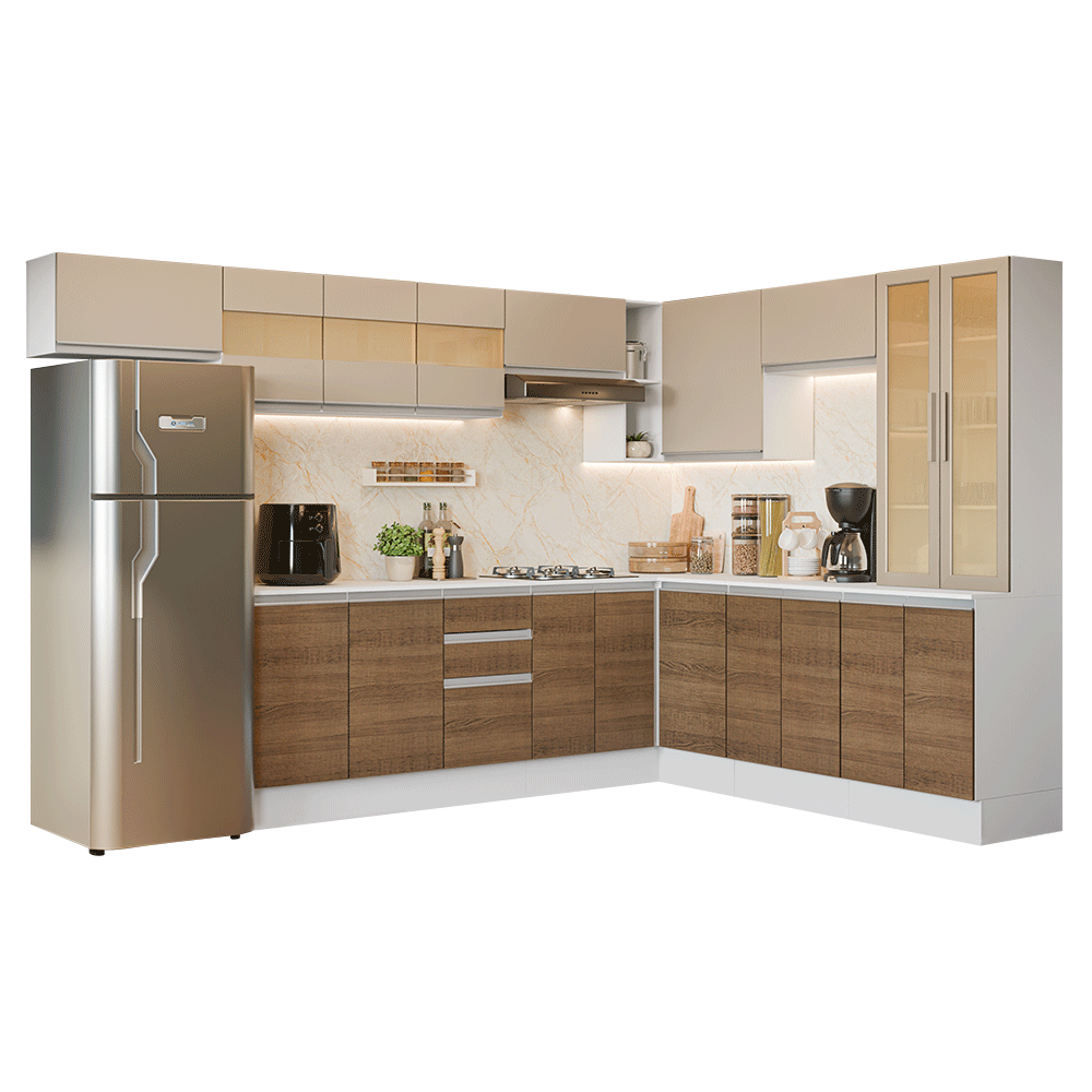 Combo completo de Cocina Esquinero 507 cm Blanco/Marrón/Crema Smart 100% MDF Madesa 01