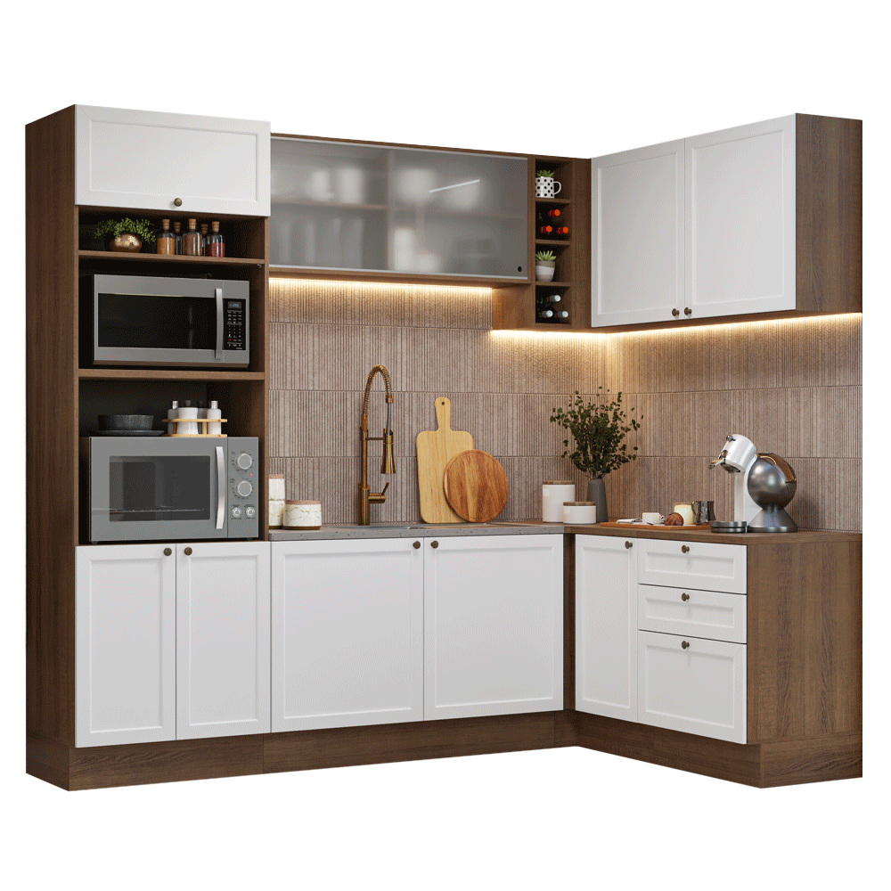 Combo completo de Cocina Esquinera 399 cm 10 Puertas 3 Cajones Sin Mesada Marrón/Blanco Vik Madesa