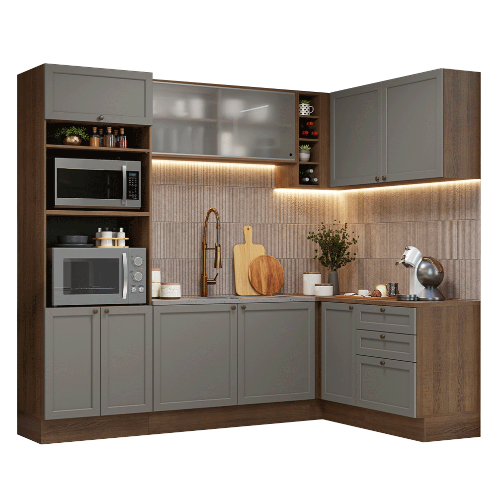 Combo completo de Cocina Esquinera 399 cm 10 Puertas 3 Cajones Sin Mesada Marrón/Gris Vik Madesa