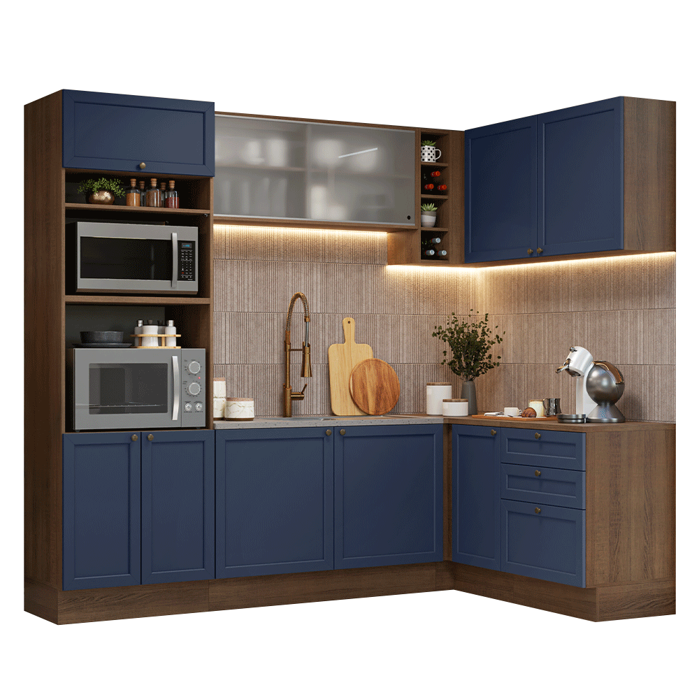 Combo completo de Cocina Esquinera 399 cm 10 Puertas 3 Cajones Sin Mesada Marrón/Azul Vik Madesa