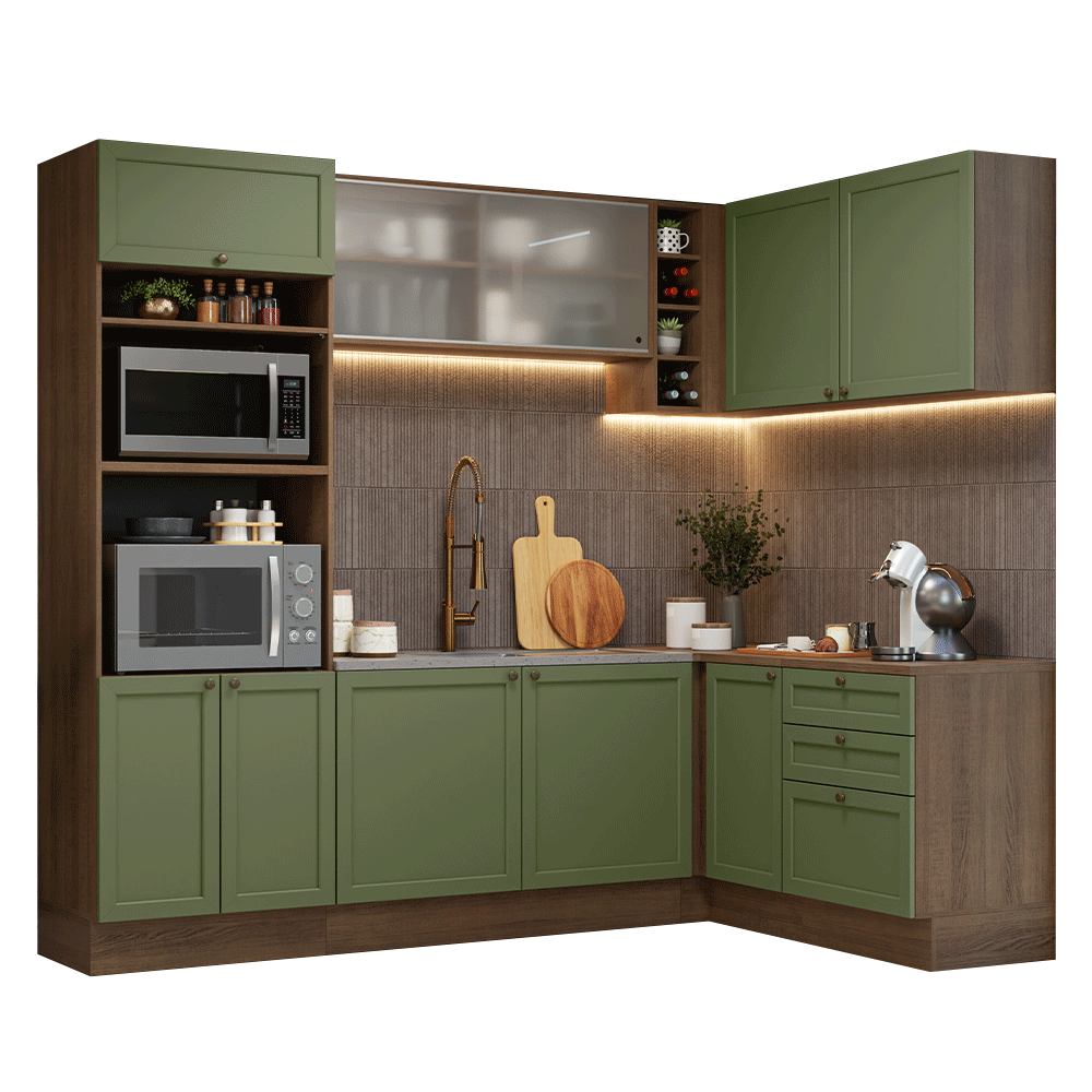 Combo completo de Cocina Esquinera 399 cm 10 Puertas 3 Cajones Sin Mesada Marrón/Verde Vik Madesa