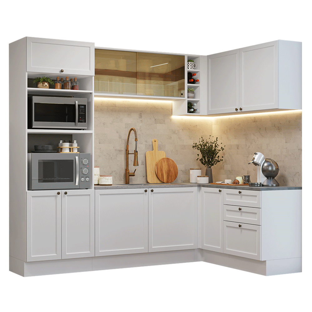 Combo completo de Cocina Esquinera 399 cm 10 Puertas 3 Cajones Sin Mesada Blanco Vik Madesa