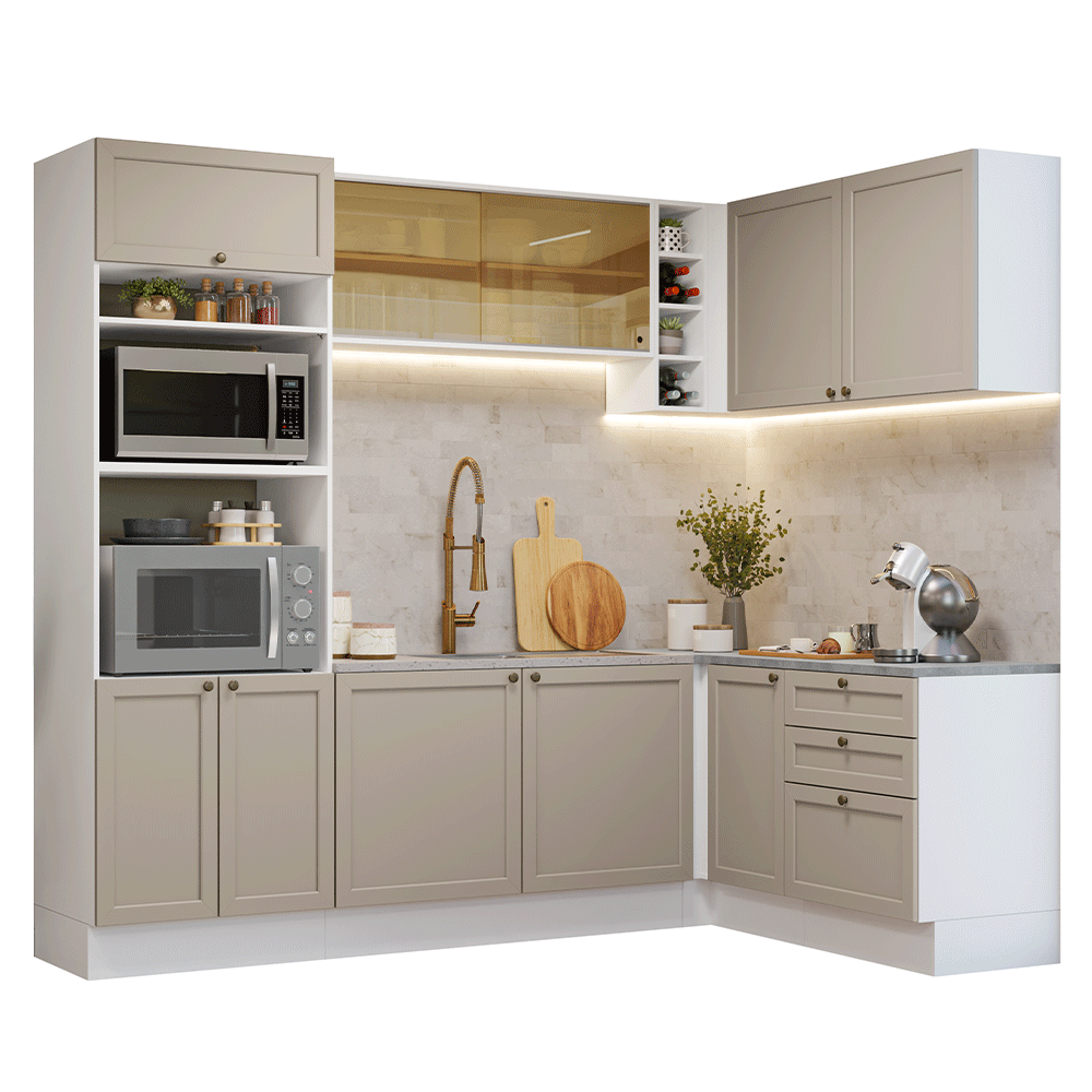 Combo completo de Cocina Esquinera 399 cm 10 Puertas 3 Cajones Sin Mesada Blanco/Crema Vik Madesa