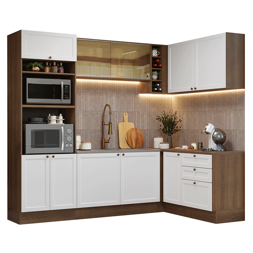 Combo completo de Cocina Esquinera 399 cm 10 Puertas 3 Cajones Sin Mesada Marrón/Blanco Vik Madesa