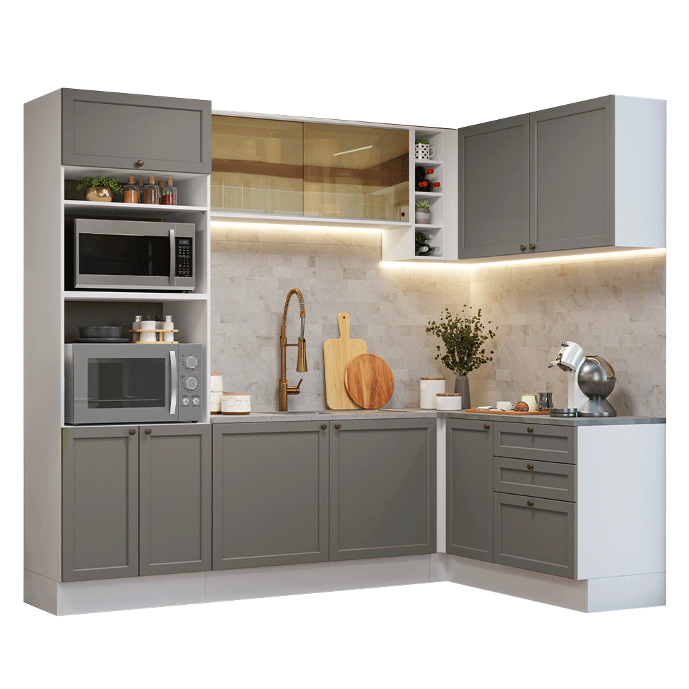 Combo completo de Cocina Esquinera 399 cm 10 Puertas 3 Cajones Sin Mesada Blanco/Gris Vik Madesa