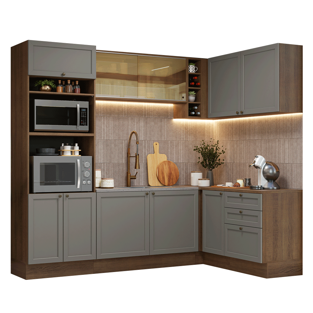 Combo completo de Cocina Esquinera 399 cm 10 Puertas 3 Cajones Sin Mesada Marrón/Gris Vik Madesa