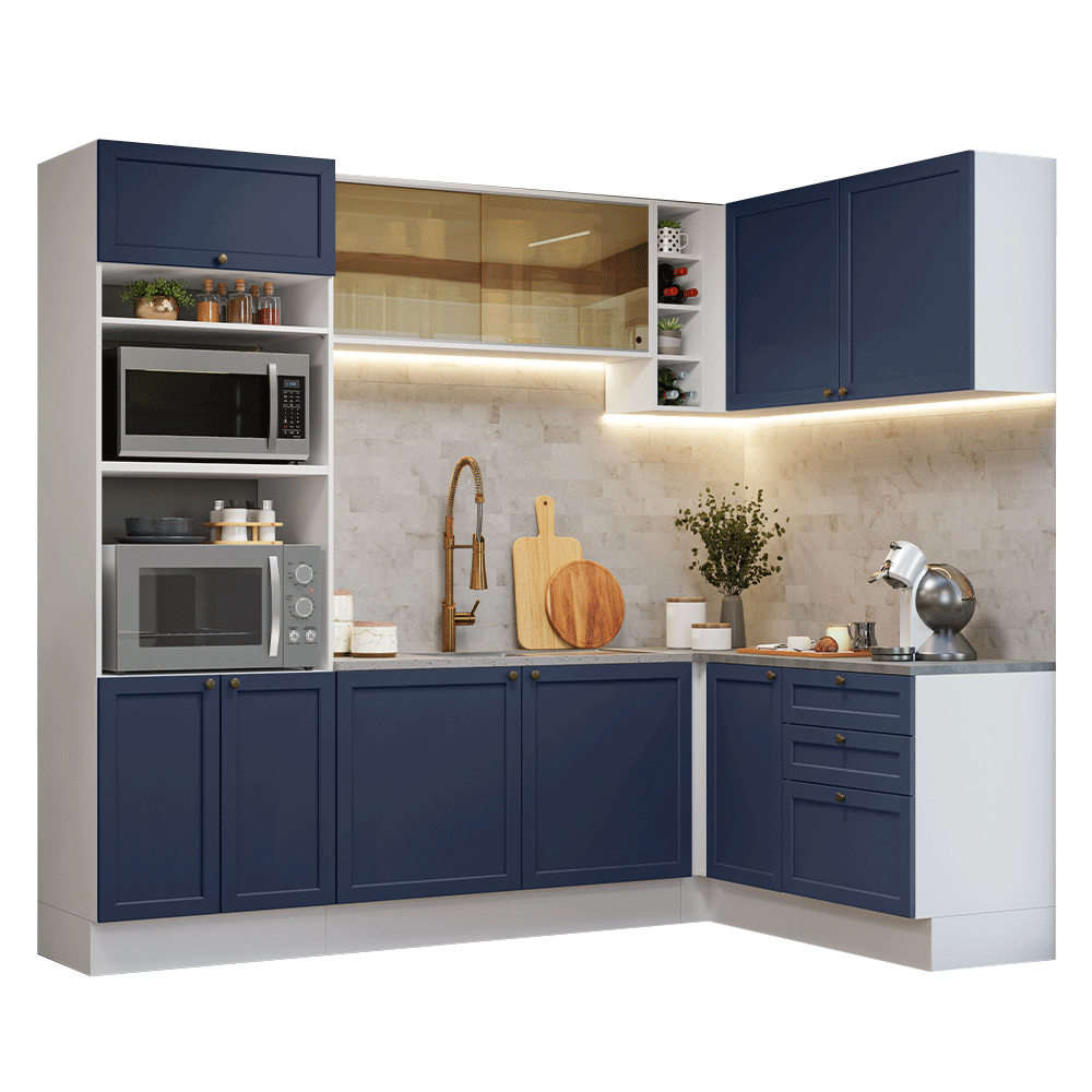 Combo completo de Cocina Esquinera 399 cm 10 Puertas 3 Cajones Sin Mesada Blanco/Azul Vik Madesa