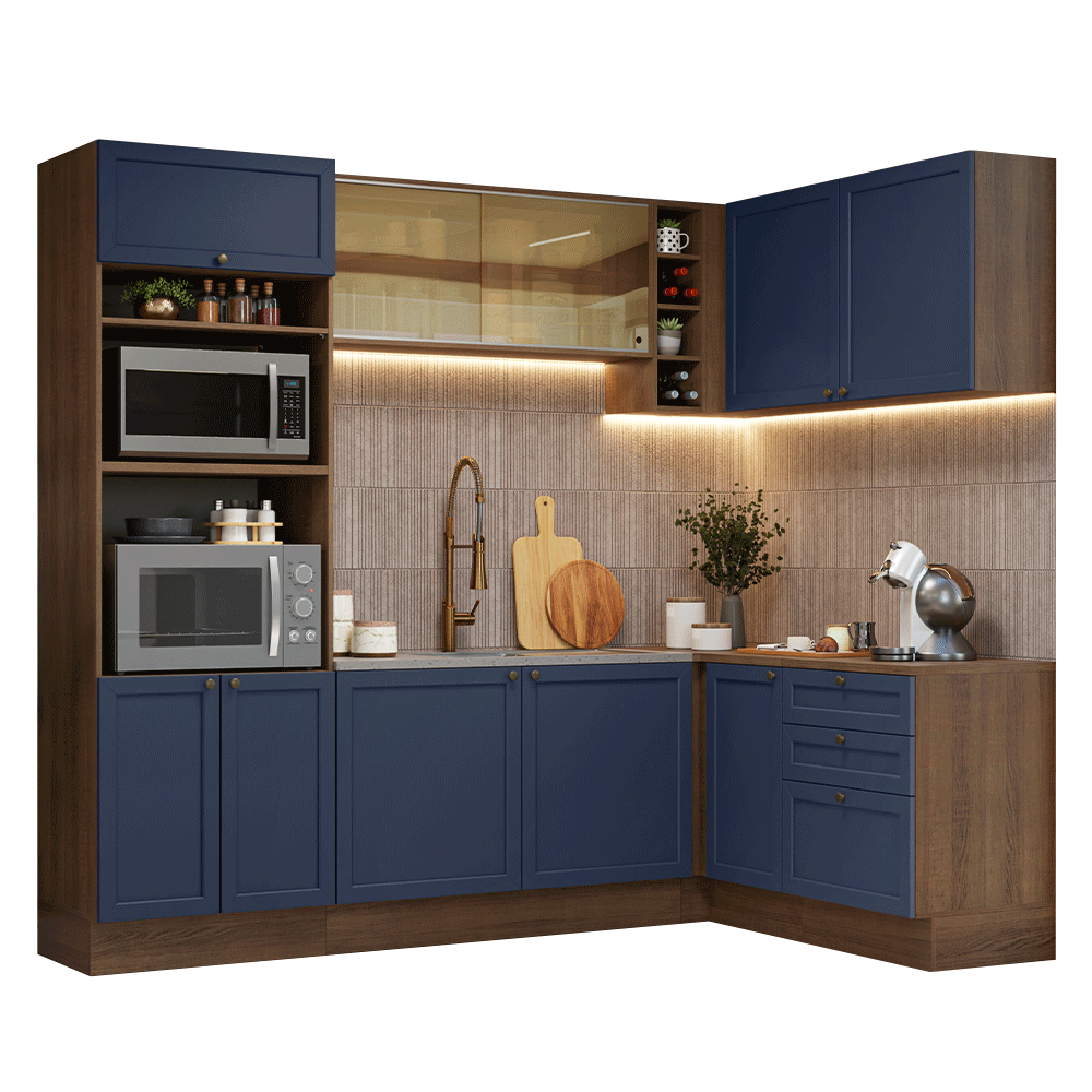 Combo completo de Cocina Esquinera 399 cm 10 Puertas 3 Cajones Sin Mesada Marrón/Azul Vik Madesa