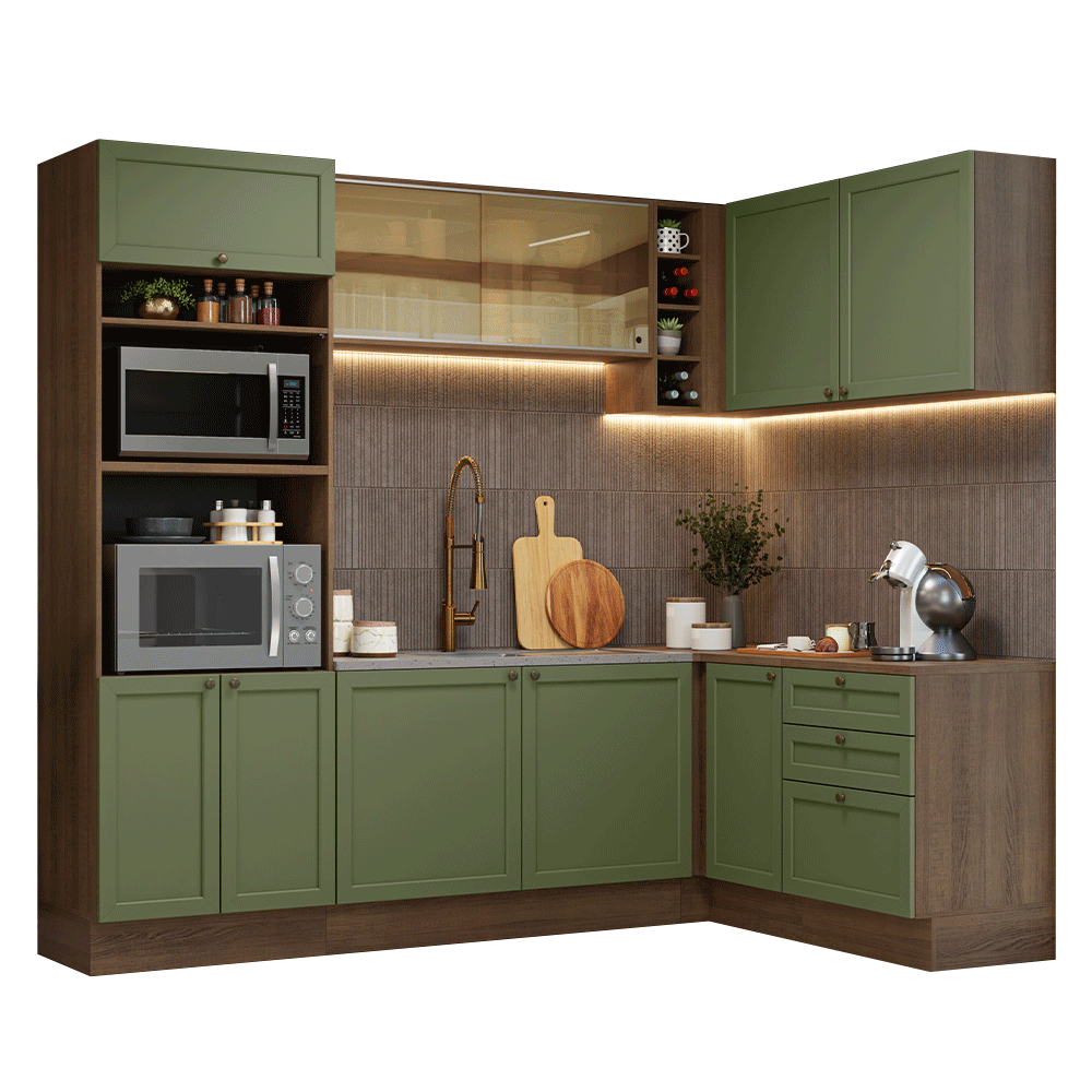 Combo completo de Cocina Esquinera 399 cm 10 Puertas 3 Cajones Sin Mesada Marrón/Verde Vik Madesa