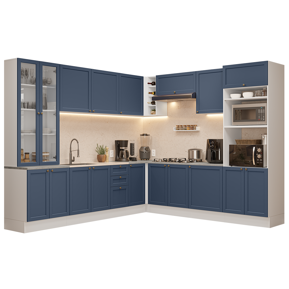 Combo completo de Cocina Esquinero 549 cm Blanco/Azul Vik Madesa 01