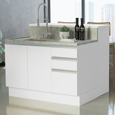 Isla de Cocina con Barra desayunador y Bajo Mesada 120 cm 2 Puertas 3 Cajones Blanco Glamy Madesa