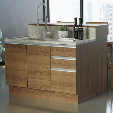 Isla de Cocina con Barra desayunador y Bajo Mesada 120 cm 2 Puertas 3 Cajones Marrón Glamy Madesa