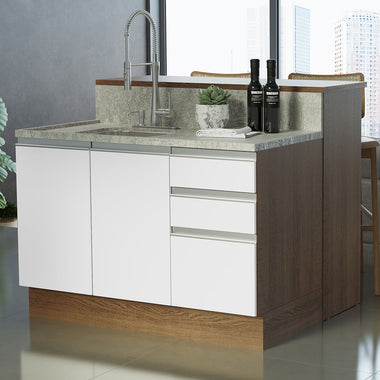 Isla de Cocina con Barra desayunador y Bajo Mesada 120 cm 2 Puertas 3 Cajones Marrón/Blanco Glamy Madesa