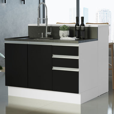 Isla de Cocina con Barra desayunador y Bajo Mesada 120 cm 2 Puertas 3 Cajones Blanco/Negro Glamy Madesa