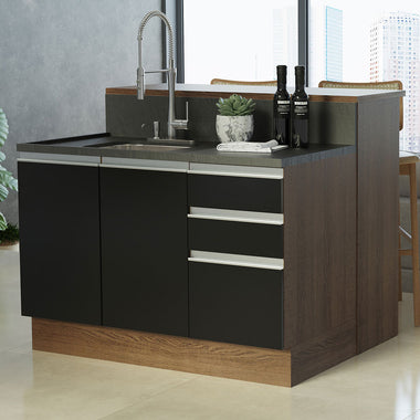 Isla de Cocina con Barra desayunador y Bajo Mesada 120 cm 2 Puertas 3 Cajones Marrón/Negro Glamy Madesa