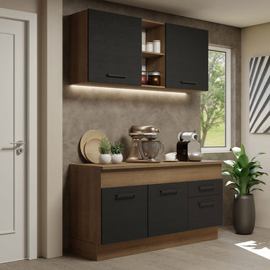 Cocina Compacta 150 cm 4 Puertas 2 Cajones Marrón/Negro Agata Madesa