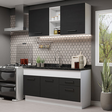 Cocina Compacta 150 cm 4 Puertas 2 Cajones Sin Mesada Blanco/Negro Agata Madesa