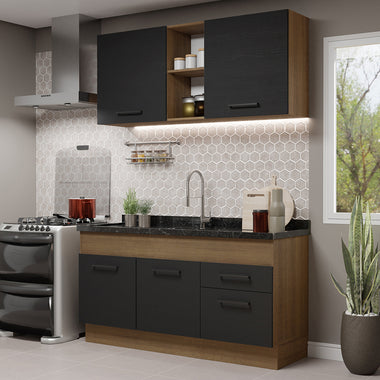 Cocina Compacta 150 cm 4 Puertas 2 Cajones Sin Mesada Marrón/Negro Agata Madesa