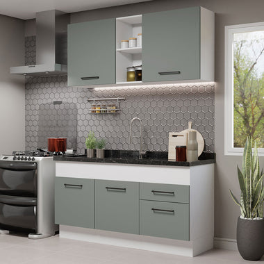 Cocina Compacta 150 cm 4 Puertas 2 Cajones Sin Mesada Blanco/Gris Agata Madesa