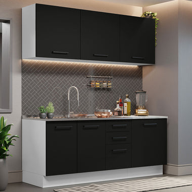 Cocina Compacta 180 cm 6 Puertas 3 Cajones Sin Mesada Blanco/Negro Agata Madesa