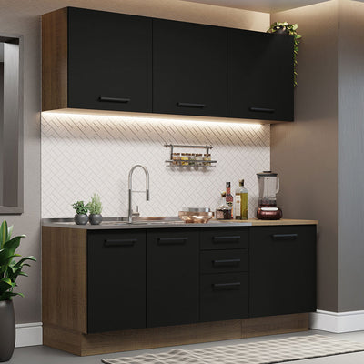 Cocina Compacta 180 cm 6 Puertas 3 Cajones Sin Mesada Marrón/Negro Agata Madesa