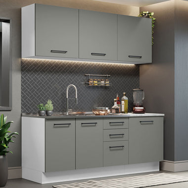 Cocina Compacta 180 cm 6 Puertas 3 Cajones Sin Mesada Blanco/Gris Agata Madesa