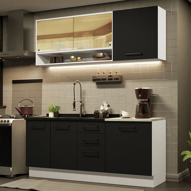 Cocina Compacta 180 cm 6 Puertas 3 Cajones Sin Mesada Blanco/Negro Agata Madesa