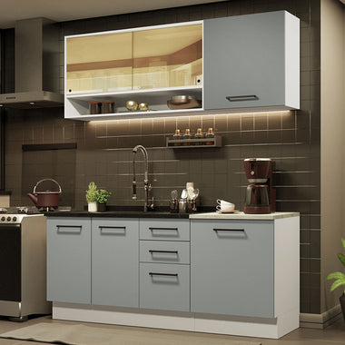 Cocina Compacta 180 cm 6 Puertas 3 Cajones Sin Mesada Blanco/Gris Agata Madesa