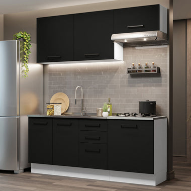Cocina Compacta 180 cm 6 Puertas 3 Cajones Sin Mesada Blanco/Negro Agata Madesa