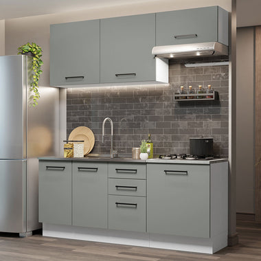 Cocina Compacta 180 cm 6 Puertas 3 Cajones Sin Mesada Blanco/Gris Agata Madesa