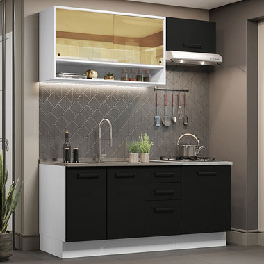 Cocina Compacta 180 cm 6 Puertas 3 Cajones Sin Mesada Blanco/Negro Agata Madesa