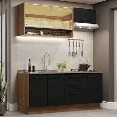 Cocina Compacta 180 cm 6 Puertas 3 Cajones Sin Mesada Marrón/Negro Agata Madesa