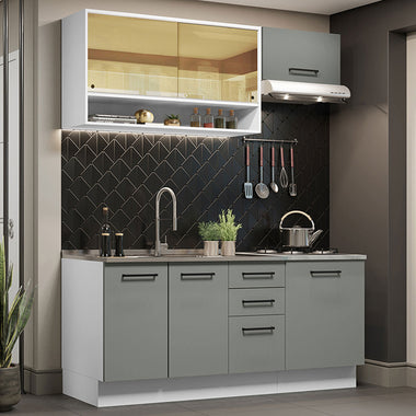 Cocina Compacta 180 cm 6 Puertas 3 Cajones Sin Mesada Blanco/Gris Agata Madesa