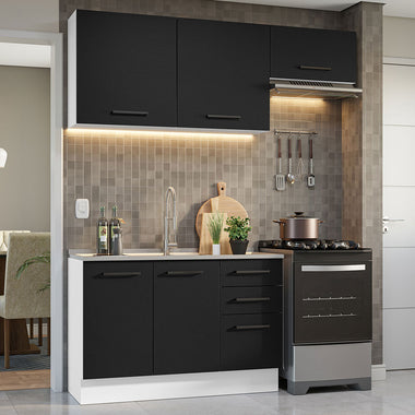 Cocina Compacta 180 cm 5 Puertas 3 Cajones Sin Mesada Blanco/Negro Agata Madesa