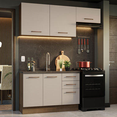 Cocina Compacta 180 cm 5 Puertas 3 Cajones Sin Mesada Marrón/Crema Agata Madesa