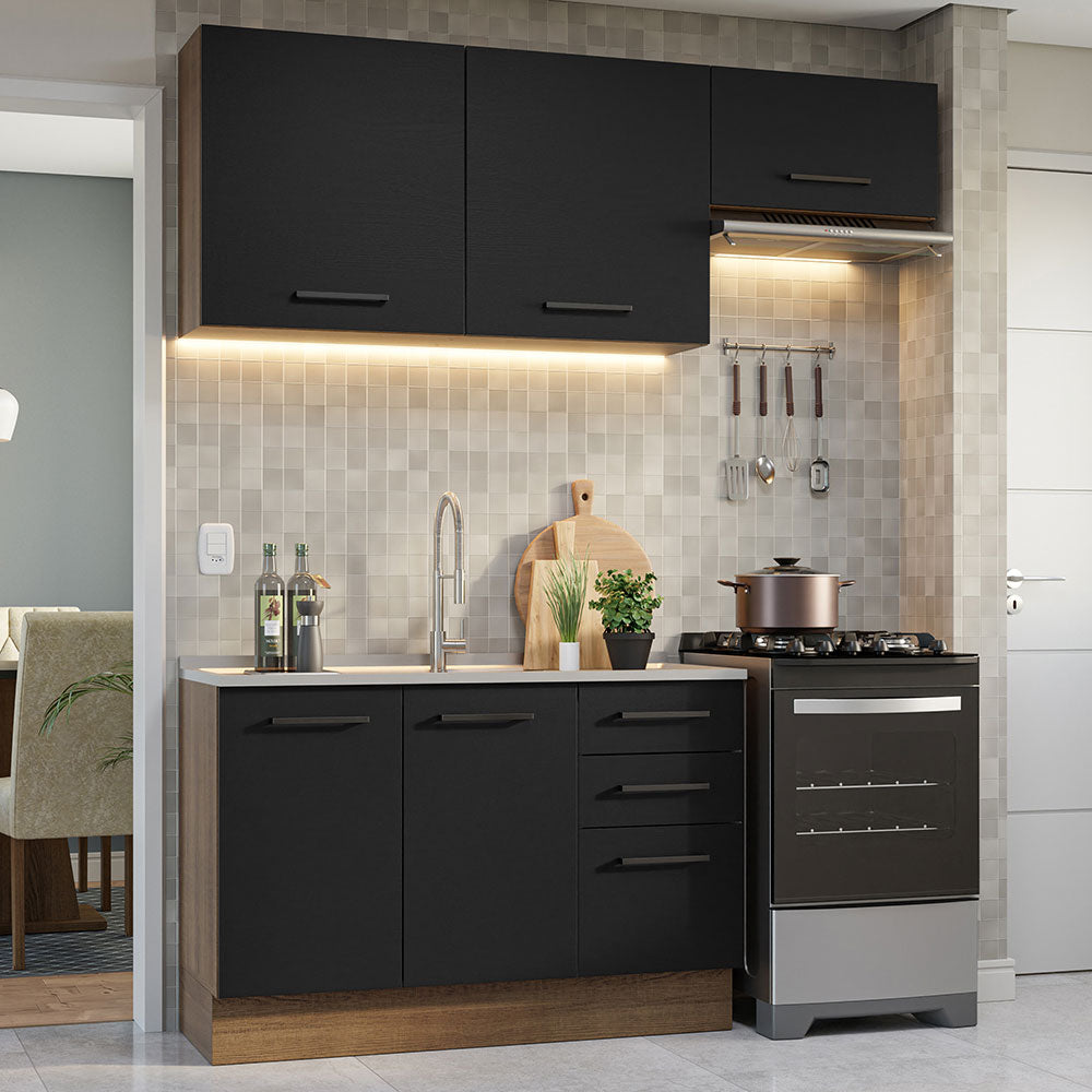 Cocina Compacta 180 cm 5 Puertas 3 Cajones Sin Mesada Marrón/Negro Agata Madesa