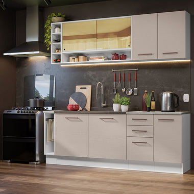 Kit Completo de Cocina 220 cm 7 Puertas 3 Cajones Sin Mesada Blanco/Crema Agata Madesa