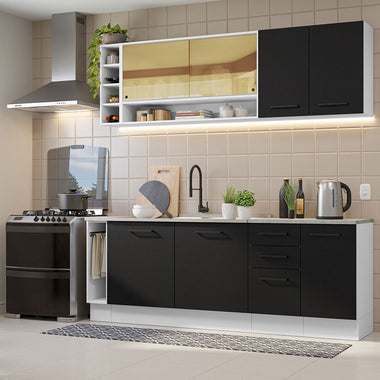 Kit Completo de Cocina 220 cm 7 Puertas 3 Cajones Sin Mesada Blanco/Negro Agata Madesa