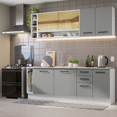Kit Completo de Cocina 220 cm 7 Puertas 3 Cajones Sin Mesada Blanco/Gris Agata Madesa