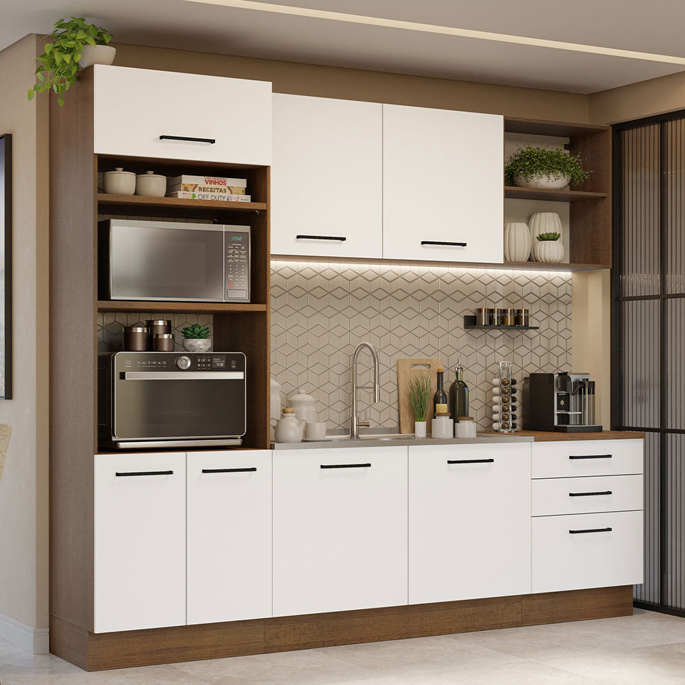 Combo completo de Cocina Agata 250 cm 7 Puertas 3 Cajones (Sin Mesada) Marrón/Blanco Madesa