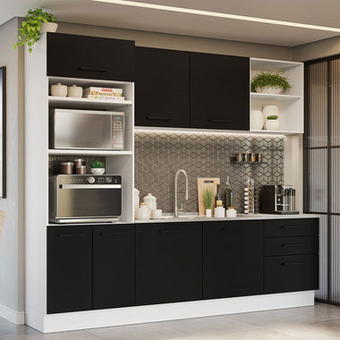 Combo completo de Cocina Agata 250 cm 7 Puertas 3 Cajones (Sin Mesada) Blanco/Negro Madesa