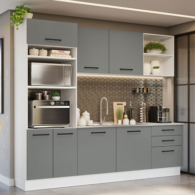 Combo completo de Cocina Agata 250 cm 7 Puertas 3 Cajones (Sin Mesada) Blanco/Gris Madesa