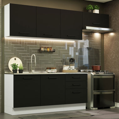 Combo completo de Cocina 260 cm 6 Puertas 3 Cajones Sin Mesada Blanco/Negro Agata Madesa