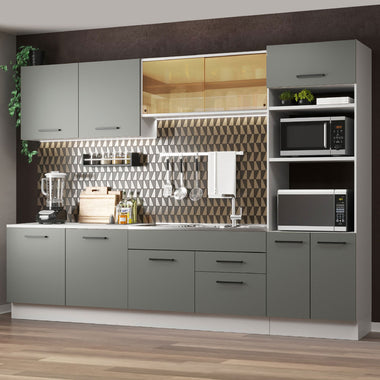 Combo completo de Cocina 310 cm 10 Puertas 2 Cajones Sin Mesada Blanco/Gris Agata Madesa