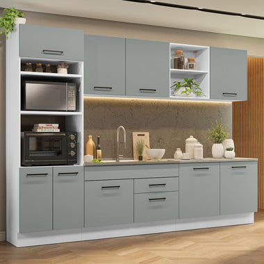 Combo completo de Cocina 310 cm 9 Puertas 2 Cajones Sin Mesada Blanco/Gris Agata Madesa