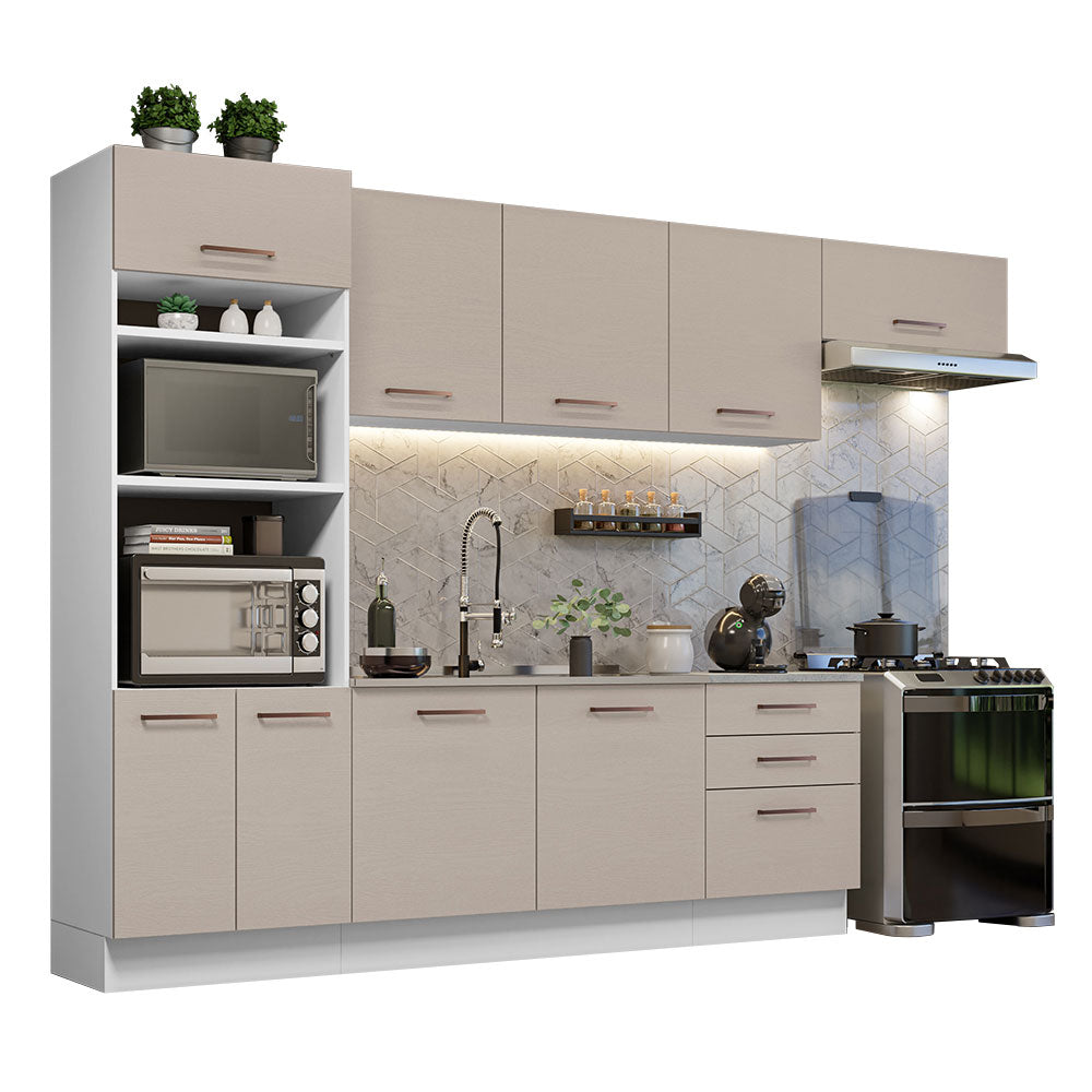 Combo completo de Cocina 330 cm 9 Puertas 3 Cajones Sin Mesada Blanco/Crema Agata Madesa