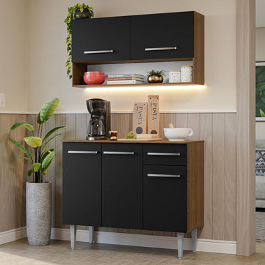 Cocina Compacta 105 cm 5 Puertas 1 Cajón Marrón/Negro Emilly Madesa