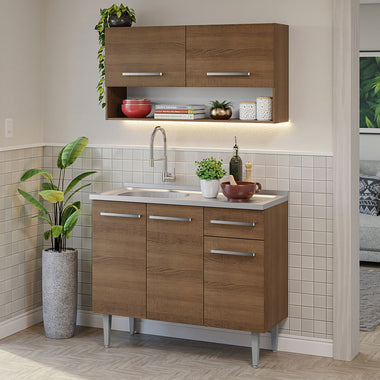 Cocina Compacta 105 cm 5 Puertas 1 Cajón con Bacha de Acero Inoxidable Marrón Emilly Madesa